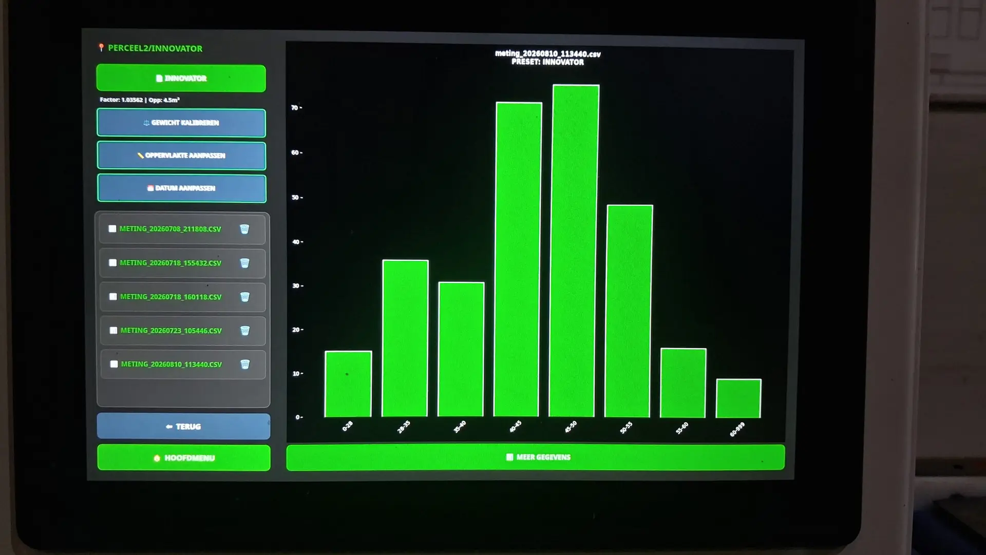 Maatverdeling op het scherm van de Bonnema AgroTech Scanner
